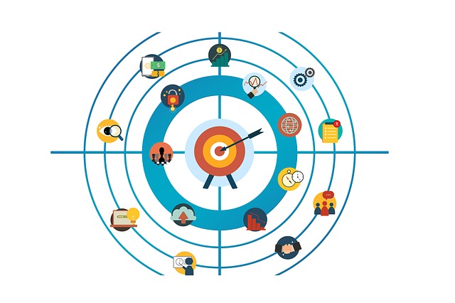 A circle graph full of idea icons and an arrow on target in the middle