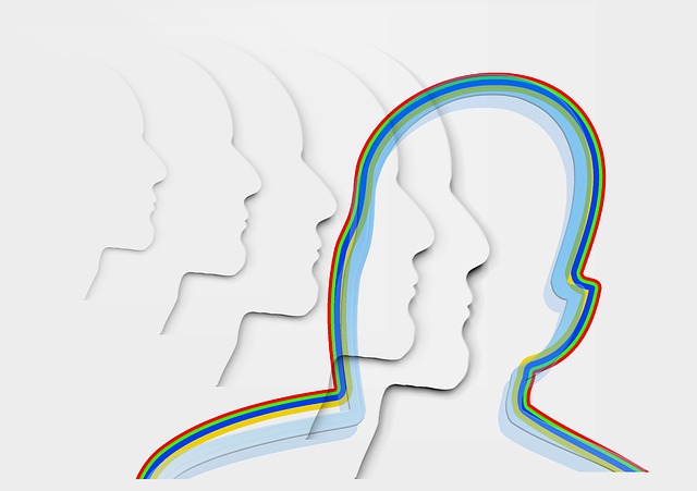 A colorful minimal ilustration of a person's head its five reflections