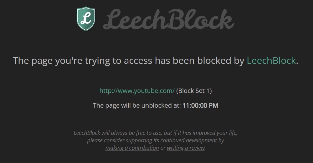 Screenshot of LeechBlock Chrome extension blocking a specific website