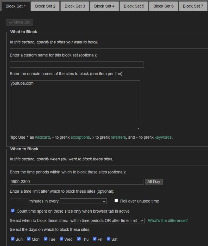 Screenshot of LeechBlock Chrome extension site block preferrences