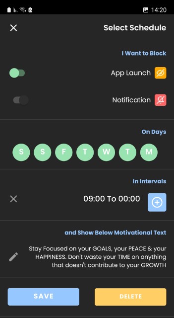 Stayfocused app screenshot of the schedule