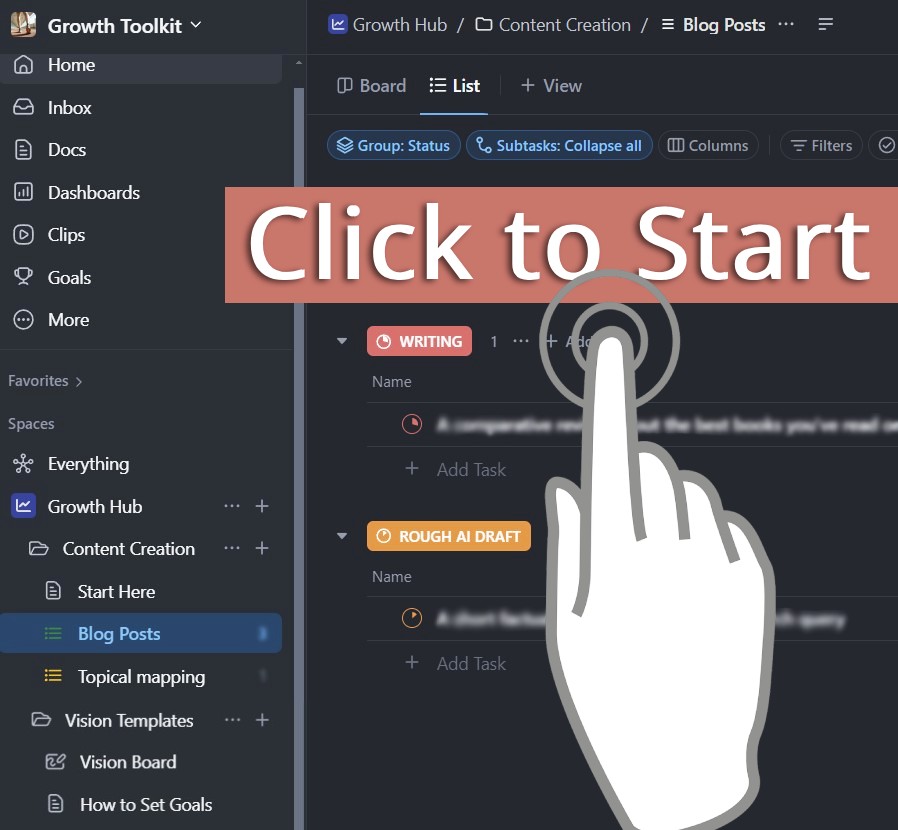 Screenshot of the Autor's free ClickUp growth template with a click to start button