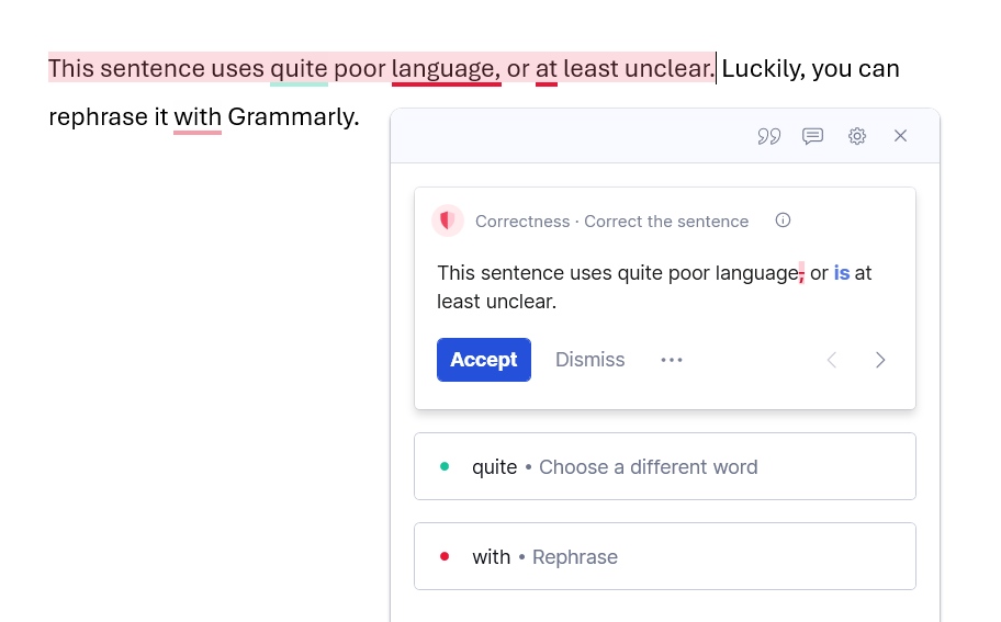 Screenshot of Grammarly editing utilities using a short sentence