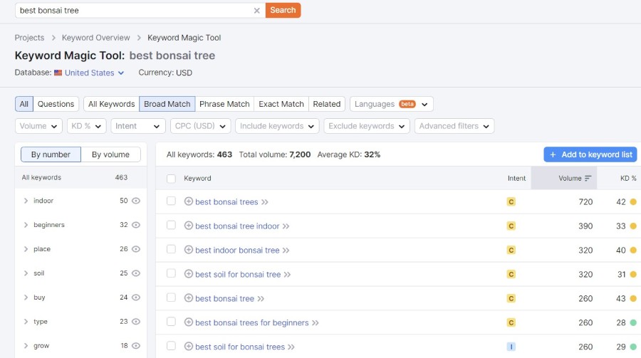 Semrush keyword magictool screenshot for the term best bonsai tree