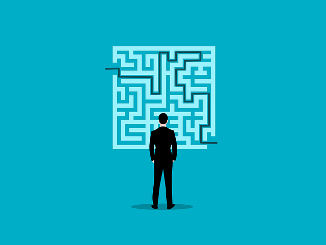 An illustration of a man standing in front of a maze following the exit line