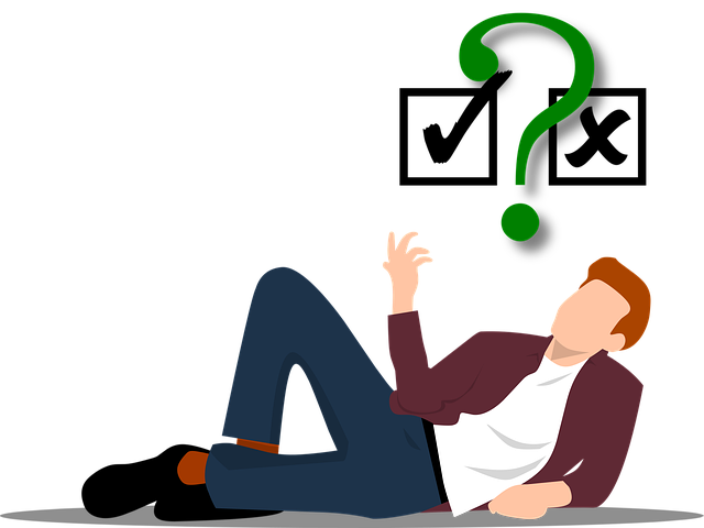 Ilustration of a man pondering with a green question mark and check mark and x above him